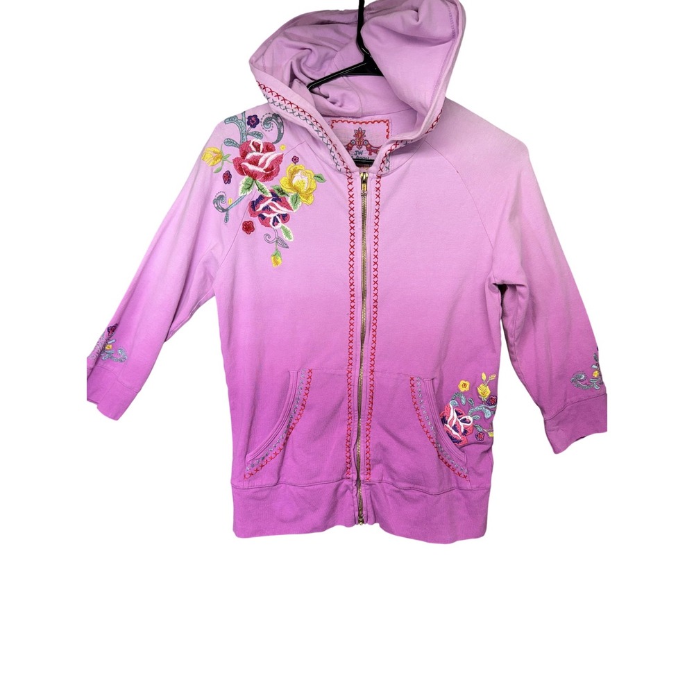 Johnny Was Joy Love Light Hoodie Womens Small Pink Purple Floral Zip Embroidered